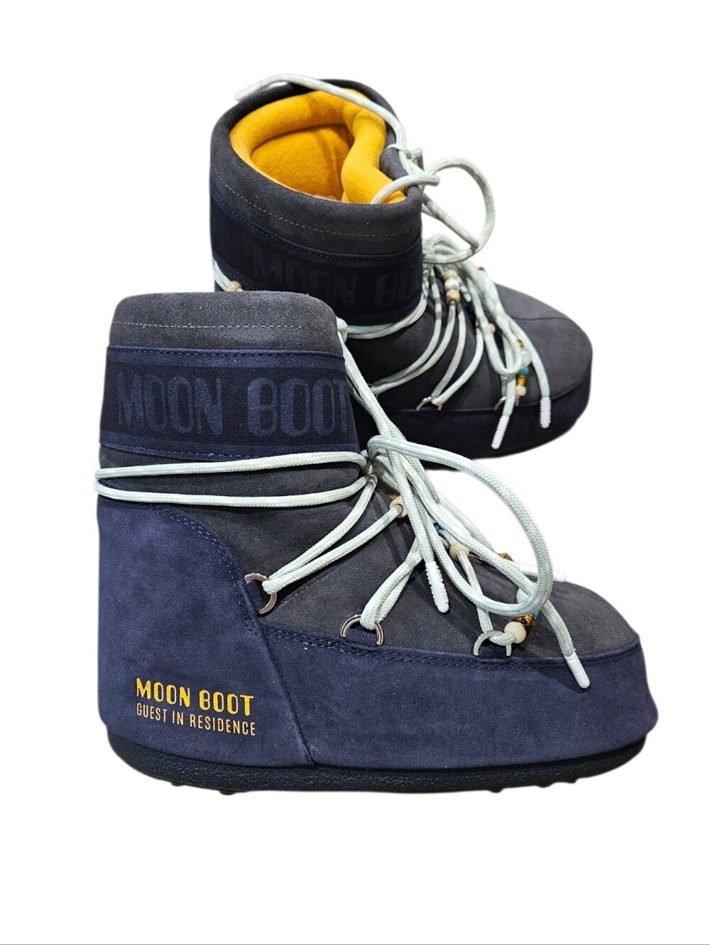 Moon Boot Women's Navy Suede X GIR Icon Beads Winter Boot with Yellow Lining NEW
